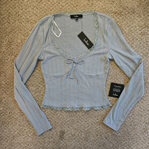 Lulu's Blue Ribbed Long Sleeve Top